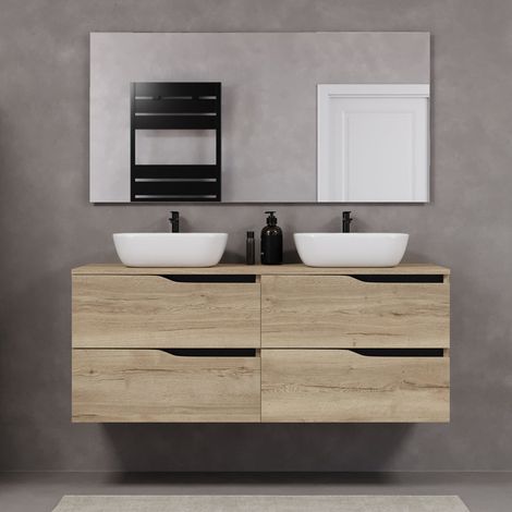 Meuble de salle de bain 140cm avec plateau et deux vasques à poser zeus - 4 tiroirs - madera miel (chêne clair) - LUNA (1/4)