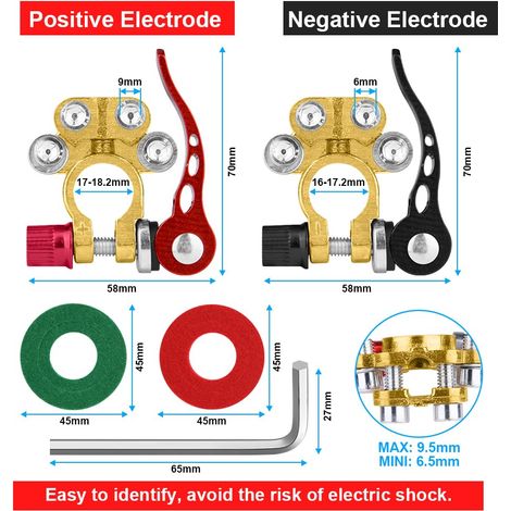 Terminale batteria 12V/24V, terminali batteria positivi e negativi con 1 paio di guarnizioni protettive, connettori batteria in lega di zinco SAE/JIS A per auto/moto/camion/nave (1/4)