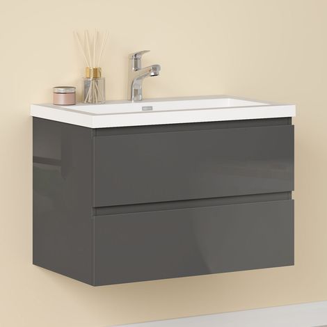 Waschtisch mit Unterschrank Weiß Waschbecken Badmöbel Set UV-geölt 50cm Anthrazit Unterschrank