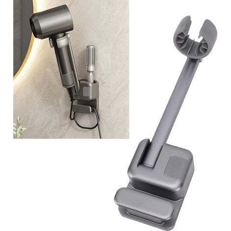 Soporte de pared para secador de pelo – Autoadhesivo, no requiere taladrar – Estante organizador para baño/dormitorio – ABS, aluminio, silicona – 266 mm – 3 tiras adhesivas incluidas (1/5)