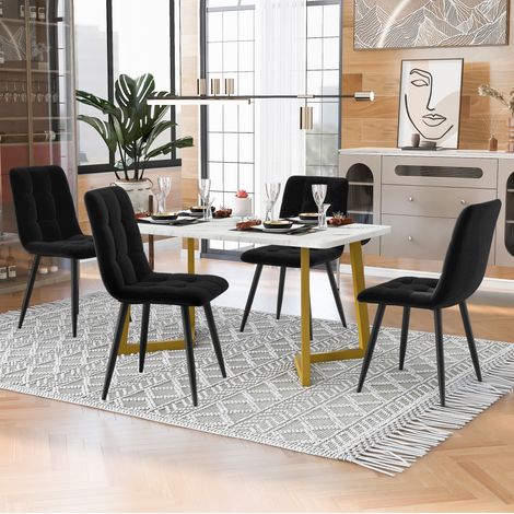 Set da pranzo con tavolo e 4 sedie in MDF nero e oro, tavolo rettangolare con piano effetto marmo e sedie in velluto (1/5)