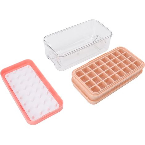 Bac à glaçons avec couvercle, pelle à glace et rangement pour 64 glaçons (2 niveaux), en silicone rose à démoulage facile. (1/5)