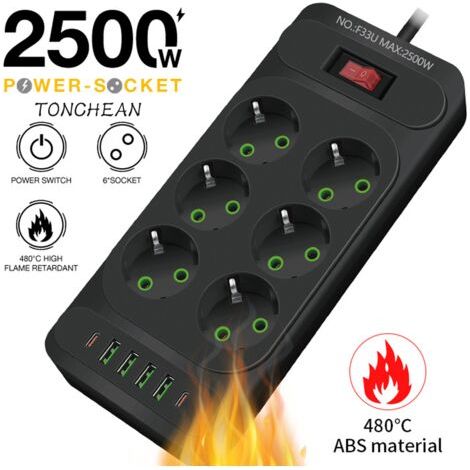 Multiprise Murale 6 Prises et 4 USB avec 2 USB C, Electrique 12 en 1, Multiprise Secteur pour la Maison Le Bureau Noir