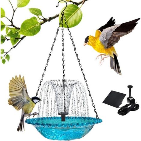 Bain d'oiseaux suspendu avec fontaine solaire - Mangeoire - Abreuvoir - Chaîne de suspension - 8 buses de pulvérisation - Décoration extérieure - Fontaine (1/3)