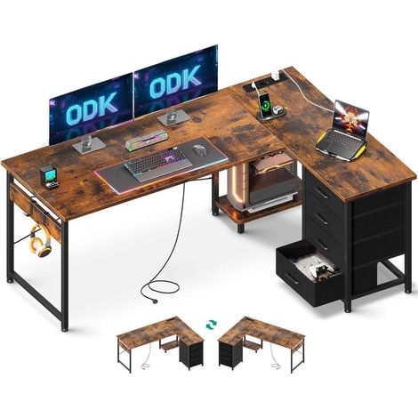 ODK Eckschreibtisch L Form Vintage-Braun 155x110 cm, Schubladen, Steckdosen, USB (1/5)