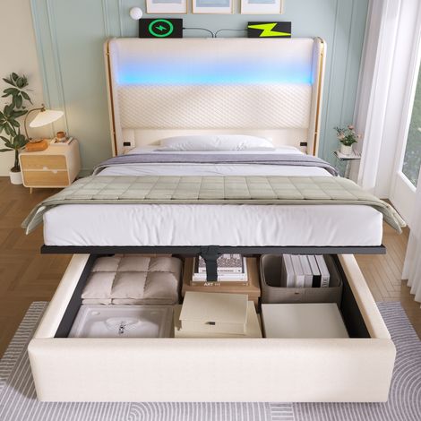 DESVIAE Lit hydraulique avec tête de lit haute LED rangement USB Type C 90 x 200 cm beige en tissu style lin (1/4)