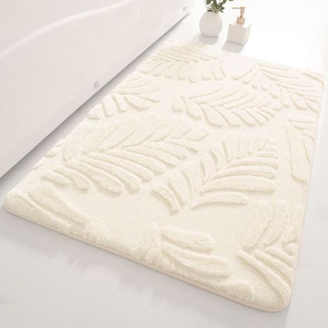 Tapis de Bain - Peluche Absorbant - Motif de Feuilles - Beige Blanc - 40x60cm (1/4)