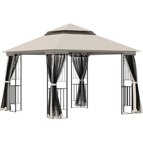 Pavillon de jardin à double toit, tonnelle, tente de jardin, chapiteau, tente de réception à 4 parois latérales, métal et polyester, beige, 2,99 x 2,99 x 2,74 m (1/5)