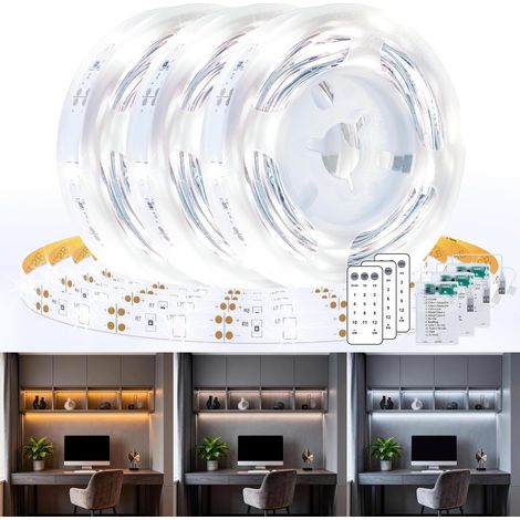 Lot de 3 bandes LED avec batterie de 2 m, avec télécommande, minuterie, batterie et USB, bandes LED blanc chaud et blanc froid, 12 modes de bande LED pour armoires, étagères, escaliers, cuisine (1/5)