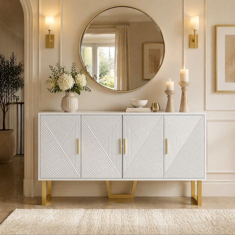 MEUBLIV Buffet 150 cm blanc brillant – 4 portes, étagères réglables (1/5)