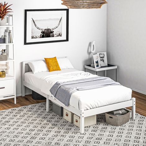 Lit simple 200 x 90 cm avec tête de lit et sommier à lattes, bois blanc OKMYHOME (1/5)