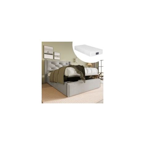 Lit coffre 90x200 cm Lit coffre capitonné avec tête de lit capitonné et sommier à lattes en métal, en coton, gris clair, matelas inclus (1/5)