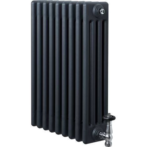 Radiador Horizontal 4 Columnas Gris Antracita 600x425 mm con Válvulas Termostáticas – Radiador Tradicional de Acero, 523W, Calefacción Eficiente Incluye Soportes, Kit y Cepillo – Garantía 15 Años