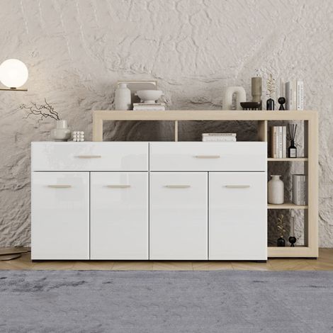 Aparador Dovad, Alacena 2 Cajones, 5 Estantes, Puertas Batientes, Corredera, 189x42x100h cm Blanco (1/5)