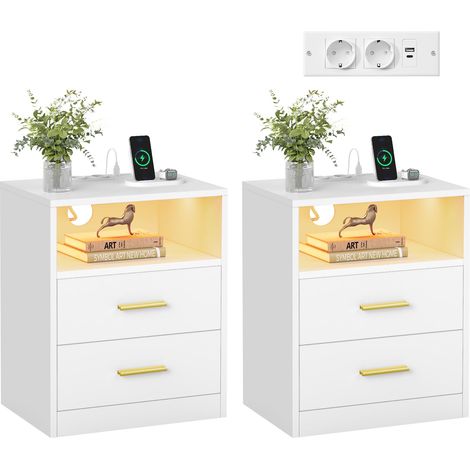 VASAGLE CUSTOS Collezione - Set di 2 Comodini con Stazione di Ricarica, Luce LED, Tavolini Moderni con Cassetti, Ripiano Aperto, 2 Prese AC e Porte USB, Bianco Nuvola LET829WB01 (1/5)