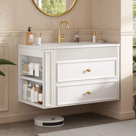 Mueble de lavabo suspendido 81x47x52 cm MDF y cerámica blanco, 2 cajones – MEUBLIV (1/5)