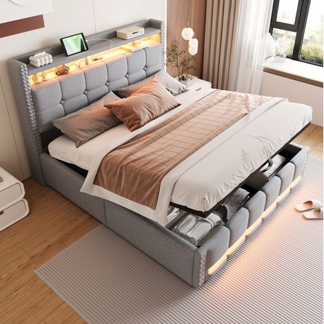 lit adulte double rangement 160x200 tissu gris OKMYHOME (1/5)