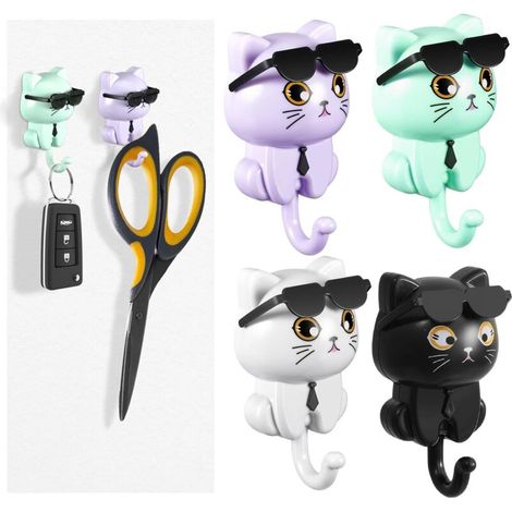 Set of 4 self-adhesive cat-shaped key hooks - Creative wall-mounted key holder without drilling - For keys, bags, jewelry, clothes (1/5)