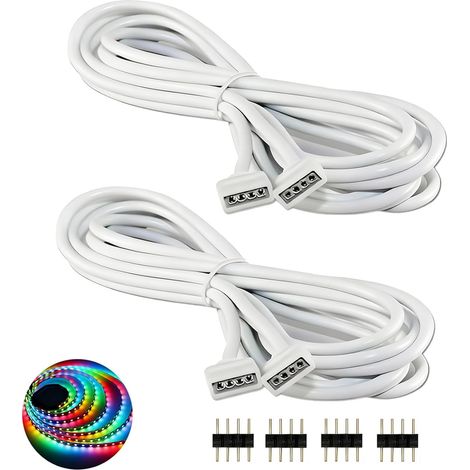 2 Packs Câbles D'extension De 2 M Pour Bande Led Rvb 4 Broches Câble De Rallonge De Ruban De Led Stripe Led Connector Connecteur Avec Connecteurs Mâles À 4 Broches, Blanc (1/5)
