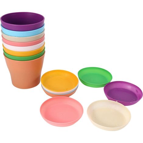 8 Pieces 4 Pouces Petits Pots de Plantes Pots de Plantes d'Interieur pour le Bureau, la Maison avec Palette / Plateaux (Bleu, violet, vert, beige, (1/4)