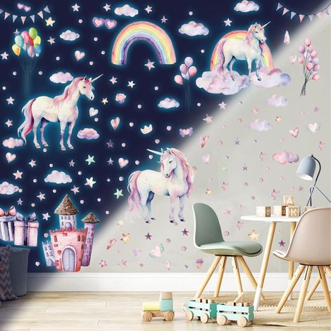 Licorne Etoiles Phosphorescentes Plafond Château Etoiles Fluorescente Lumineuse Arc en Ciel Autocollants Stickers Muraux Décoration pour Bébé Enfants Fille Chambre Bleu (1/5)