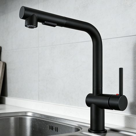 AICA Messingkern Wasserhahn Küche L-förmig Ausziehbar 2 Strahlarten Hochbogen Küchenarmatur Schwarz