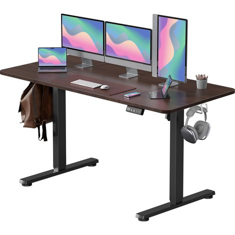 Bureau électrique réglable en hauteur 160 x 60 cm avec commande à mémoire et technologie anti-collision, roulettes, planche de jonction, cadre noir/plateau en acajou (1/5)