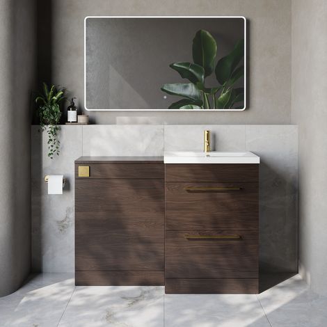 Napoli 390 Cento Brown Oak 1200mm 2 Drawer Vanity Unit Toilet Suite with Glide Basin - 1200mm - Brushed Brass 320mm HandleWithout Kingston Toilet Pan