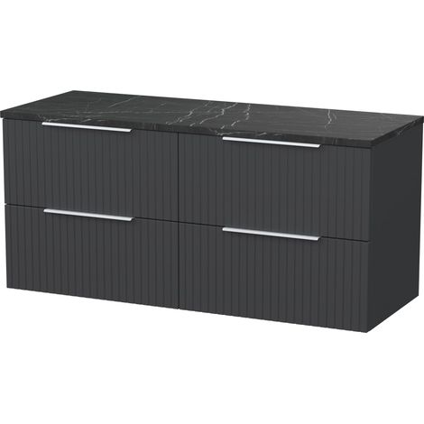 Callingwood Contemporary Wall Hung 4 Drawer Vanity Unit with Black Pietra Marble Laminate Worktop , 1200mm, Dark Grey