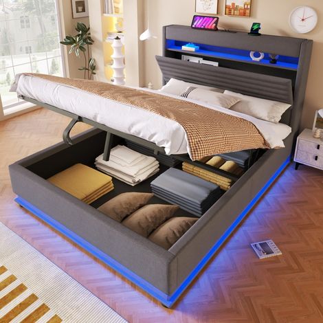 Lit coffre 140x200cm - Lit double 140x200 - avec USB/Type-C, LED App/Bouton et Tête de lit Escamotable Rangement - Gris (1/5)
