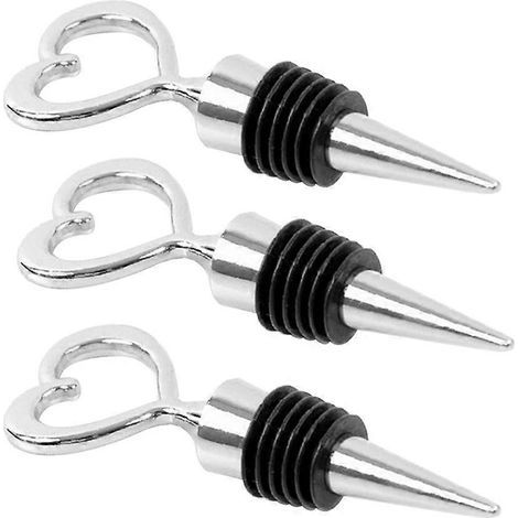 Set mit 3 herzförmigen Flaschenverschlüssen aus Zinklegierung und Silikon, 11 cm (passend für Weinflaschen mit 15–20 mm Durchmesser) – 3 Stück – Silber (1/3)