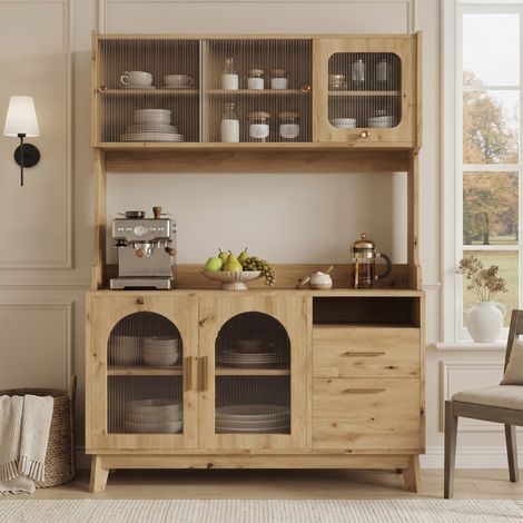 Buffet haut décor chêne 120x40x178 cm porte acrylique ondulée, multiples espaces de rangement, prises intégrées ports USB-A USB-C pour cuisine salle à manger (1/5)