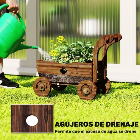 Jardinière décorative en forme de brouette en bois, potager surélevé avec 4 roues et poignée, trous de drainage, 68 x 38 x 52 cm, finition carbonisée (1/5)