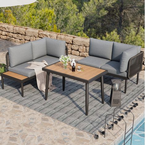 Gartenmöbel-Set aus verzinktem Stahl und Olefin, Eckform, Grau, mit Kunststoffholz-Tisch (1/5)