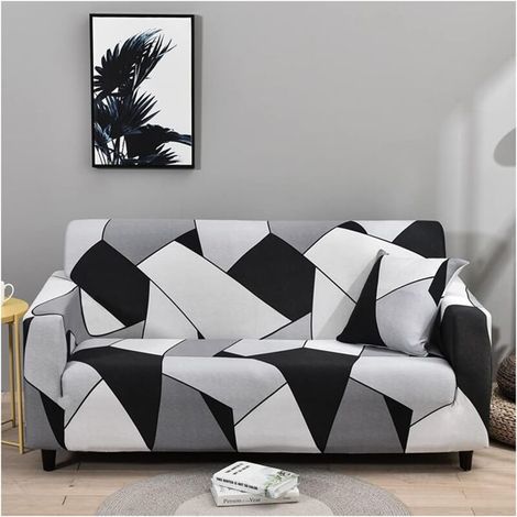 (3 Seater, Black, White, Gray)High Stretch Elastic Fabric Sofa Cover - Printed Sofa Slipcover - Non-Slip Furniture Protector - Machine Washable