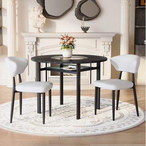 Ensemble table ronde 100 cm noire avec 2 chaises blanches en PU, style moderne (1/5)