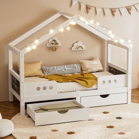 Lit Cabane 1 Place avec 2 Tiroirs et Tableau, 90 x 200 cm, sans Matelas, en Bois, Blanc (1/5)