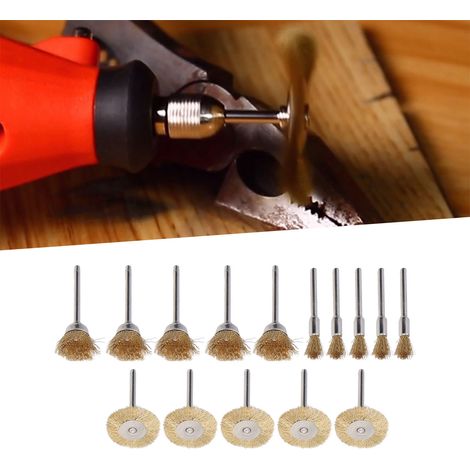 Set bestehend aus 15 Teilen: je 5 Kupferdrahtbürsten verschiedener Typen (3 T-förmige Bürsten mit 25 mm Durchmesser, 3 Schalenbürsten mit 15 mm Durchmesser, 3 stiftförmige Bürsten mit 5 mm Durchmesser (1/5)