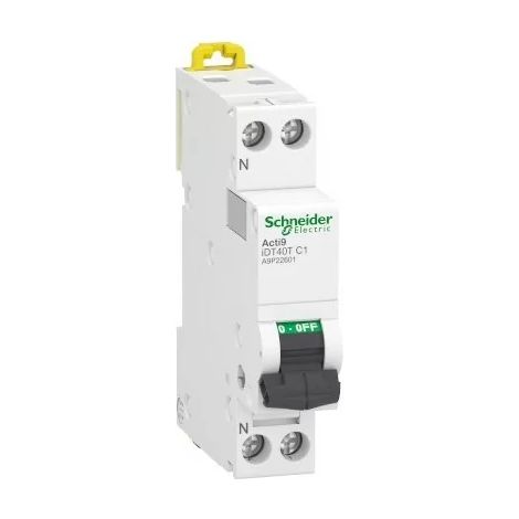 Schneider A9P22601 Interruptor automático 1A - iDT40T Acti9 - 6kA - Curva en C - 1P+N