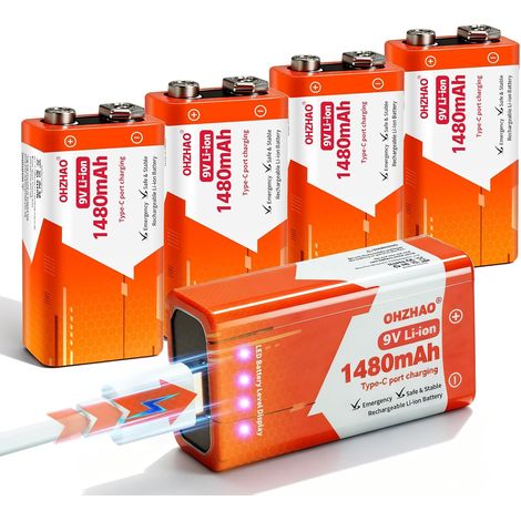 Lot de 5 Piles Rechargeables 9V, Piles 9V Longue durée de 1480mAh avec Affichage LED, Recharge Via USB-C avec câble de Recharge pour détecteurs de fumée, multimètres (1/5)