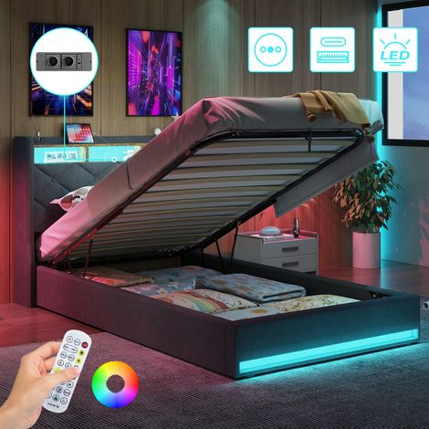 Lit coffre 90x200 cm en lin avec sommier, lit 1 personne avec lumières LED, multiprise (2 prises ca, ports USB+ type c), lit avec rangement, facile à assembler (1/5)