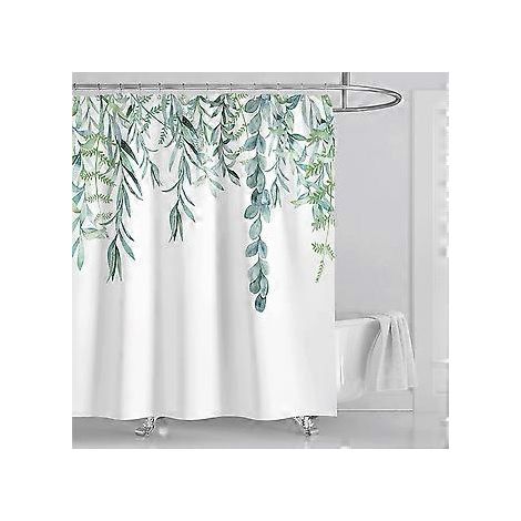 Wasserdichter Duschvorhang, schimmelresistent, aus Polyester, mit grünem Blatt- und Pflanzenmuster, waschbar, mit 12 C-Haken für Badewanne und Duschkabine (180 cm x 180 cm).