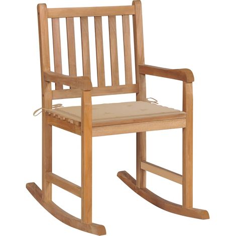 Schaukelstuhl mit Beige Kissen Massivholz Teak
