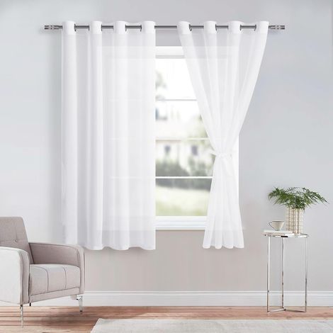 Lot de 2 Rideaux Voilage à Oeillets, Tissu Polyester Transparent, Design Moderne avec Embrasses pour Salon et Chambre, Blanc, 140x137cm