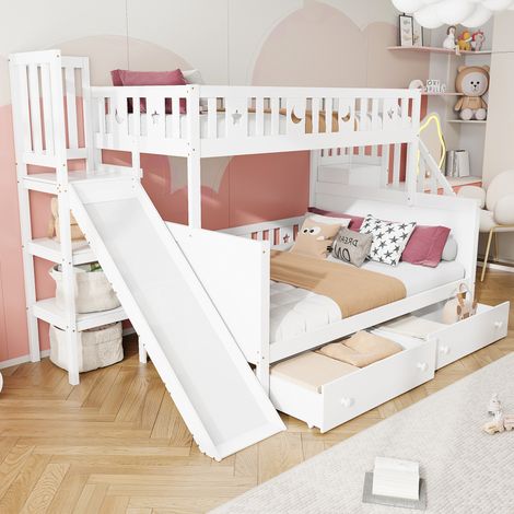Letto a castello per bambini 90 x 200/140 x 200 cm con scivolo, cassetti, bianco HAVRYA (1/5)