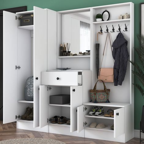 Garderobe Manzano, mit Spiegel, Kleiderhaken, 7 Regale, 179x37x183h cm Weiß (1/5)