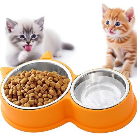 Ensemble de Bols Doubles pour Chats en Acier Inoxydable, Base antidérapante, Lavable au Lave-Vaisselle - pour Aliments secs et humides, Design en Forme de Chat Mignon (Jaune) (1/5)
