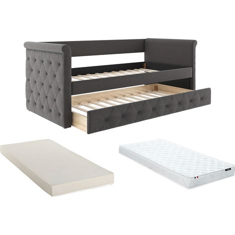 Lit banquette gigogne LOUISE - 2x90x190cm - Tissu gris + matelas