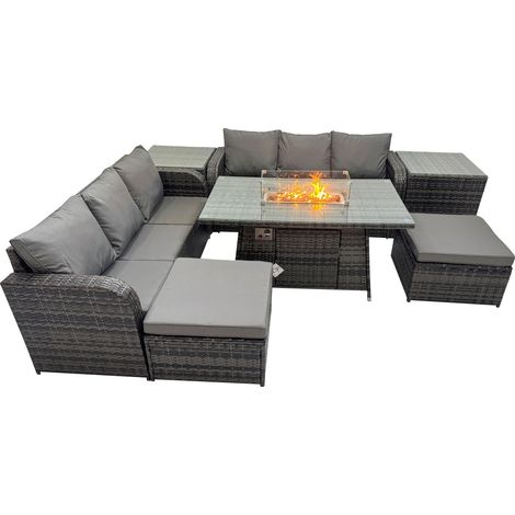Fimous Garden Outdoor Rattan Furniture Set Rattan 3 Seater Sofa with 2 Big Stools 2 Side Tables Dark Grey Mixed (1/5)