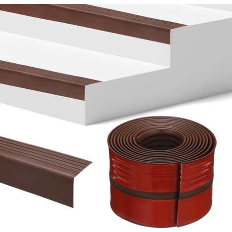 Stair Edge Trim 10FT Vinyl Rubber Stair Nosing Non-Slip Self Adhesive Stair Edge Trim Strips Staircase Step Edge Protector Pour Indoor/Outdoor Stairs [Brown,1.89 Inch] (1/5)